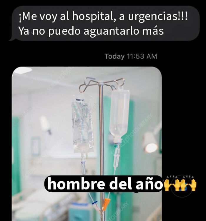 Mensaje de texto mostrando al hombre del año y una imagen de goteo IV en hospital con contexto de urgencias.