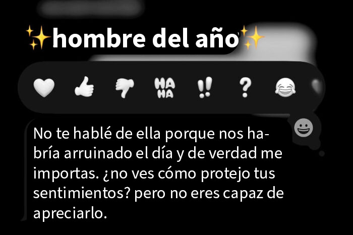 Captura de pantalla de mensajes de texto riéndose del hombre del año con respuestas sarcásticas y emojis en fondo negro.