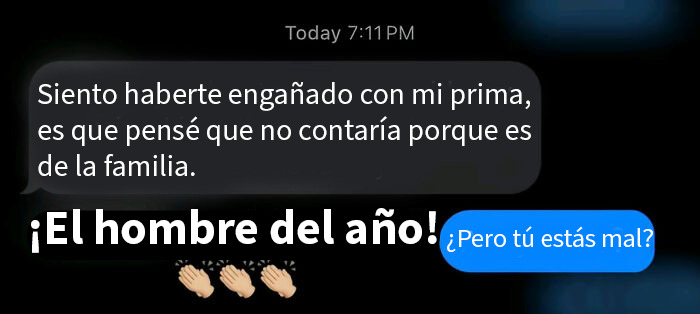 Captura de mensajes de texto donde mujeres exponen a hombres ridículos como el hombre del año con excusas absurdas.