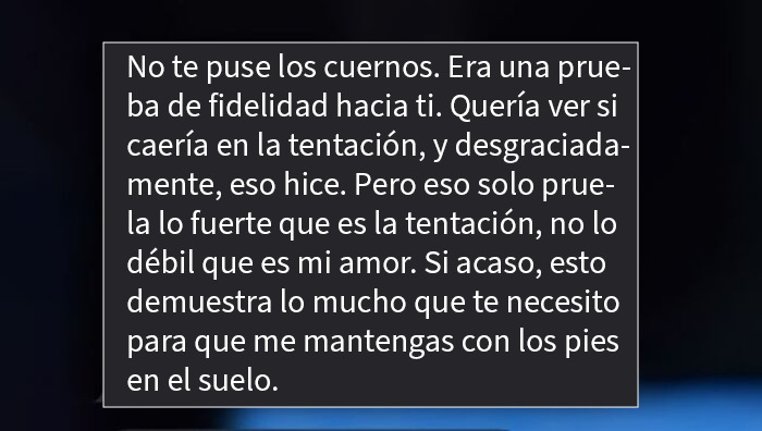 Mensaje de texto ridículo de un hombre tratando de justificar una infidelidad como prueba de fidelidad hacia su pareja.