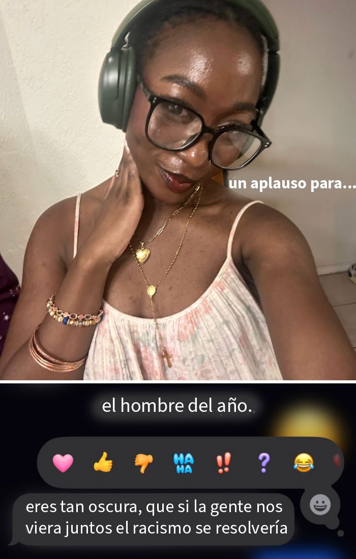 Mujer con auriculares y gafas muestra un mensaje de texto exponiendo a hombres ridículos como el hombre del año.