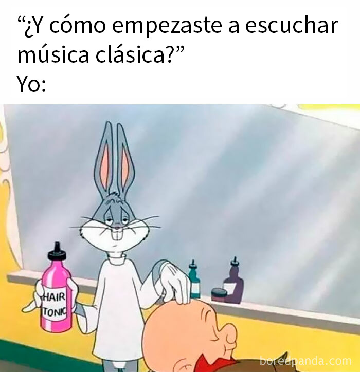 Bugs Bunny con tónico para el cabello en una barbería, imagen relacionada con publicaciones del pasado para mayores.