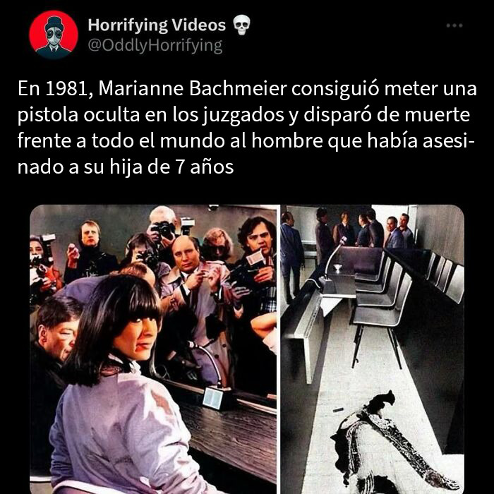 Mujer en juzgado con pistola oculta frente a fotógrafos, escena relacionada con historias extrañamente terroríficas.