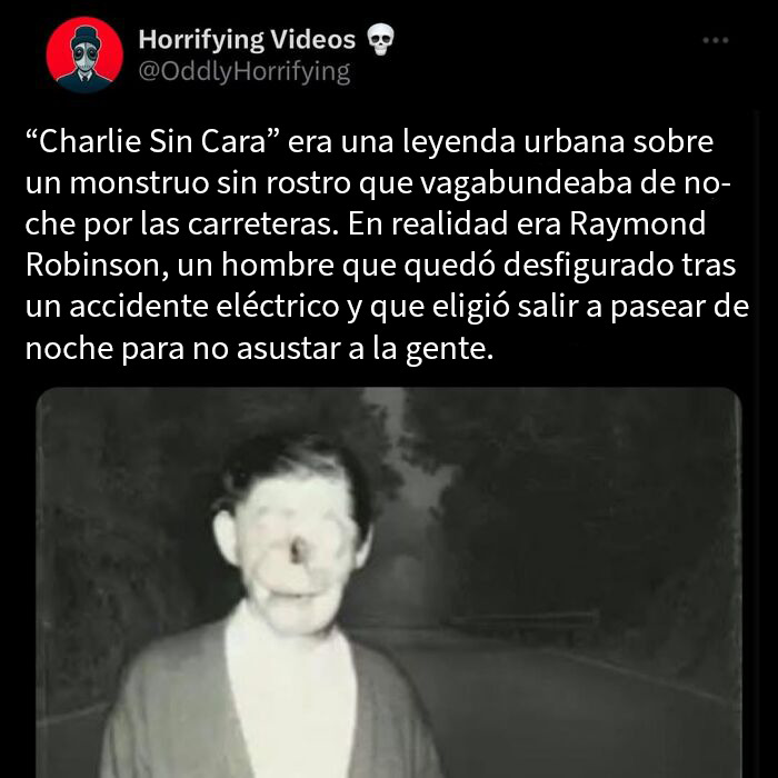 Hombre con rostro desfigurado en carretera oscura, parte de historias extrañamente terroríficas que desafían nervios.