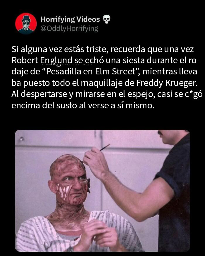 Hombre maquillado como Freddy Krueger en rodaje, imagen que representa historias terroríficas para poner a prueba tus nervios.