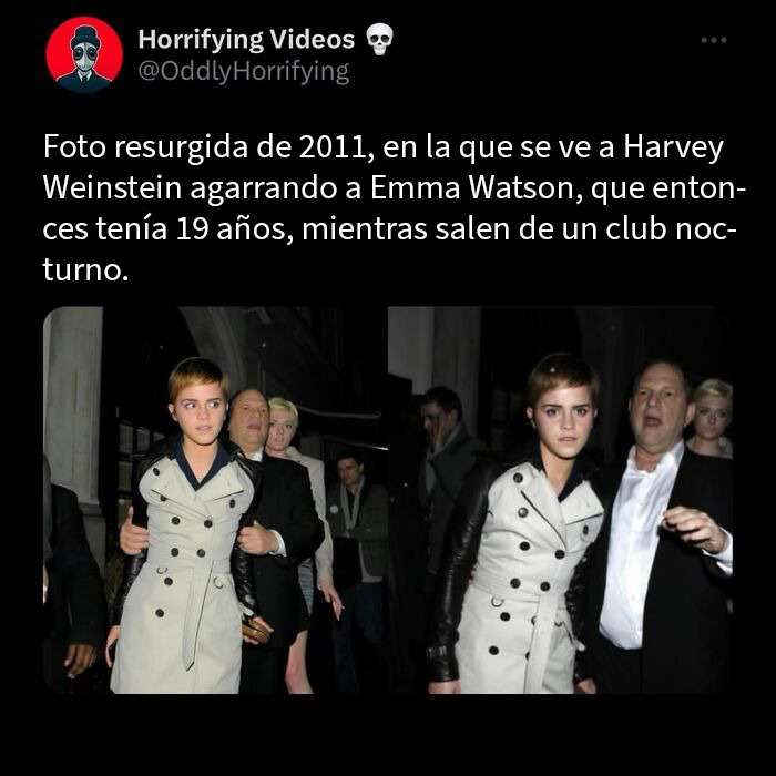 Foto de 2011 mostrando un momento inquietante con Emma Watson y Harvey Weinstein, relacionada con historias terroríficas.