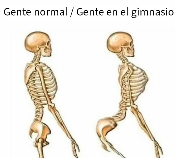 Esqueleto comparando postura de gente normal y gente en el gimnasio, imagen de publicaciones que juegan con lo divertido y ofensivo.