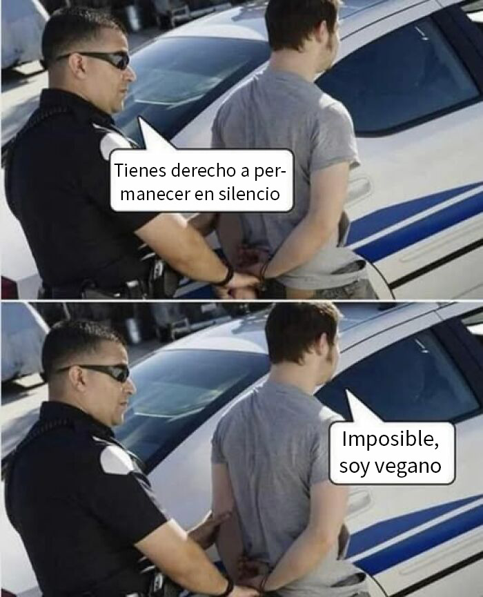 Hombre arrestado responde con humor vegano, imagen que juega peligrosamente entre lo divertido y lo ofensivo.