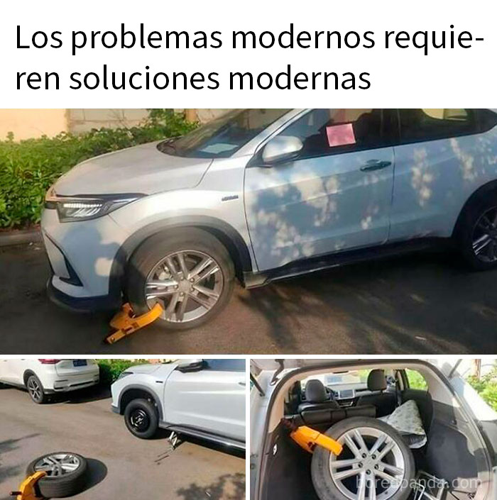 Auto blanco con grillete en la rueda delantera y rueda de repuesto con grillete en la cajuela, memes sarcásticos.