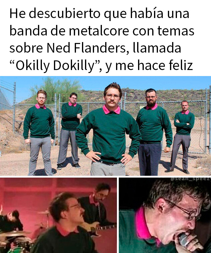 Memes divertidos y sarcásticos sobre banda metalcore Okilly Dokilly con temas de Ned Flanders en estilo peculiar.