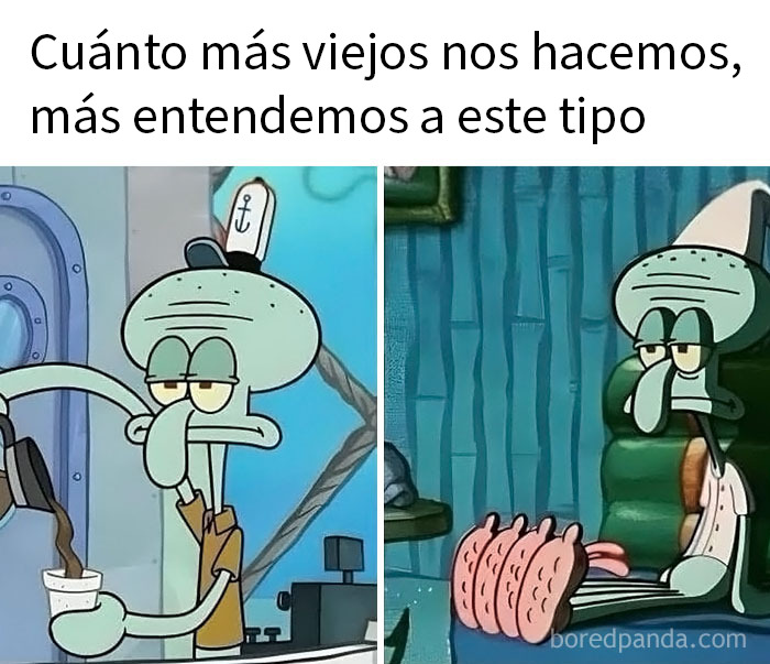 Meme sarcástico de Calamardo mostrando cansancio y resignación, reflejando humor para quienes entienden con la edad.