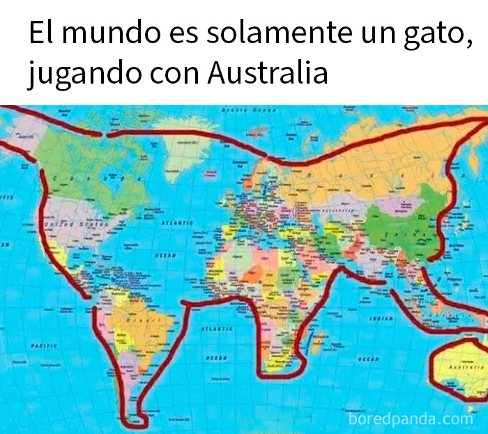 Mapa mundial con un gato dibujado en líneas rojas, imagen sarcástica para memes que hacen reír por dentro y por fuera.