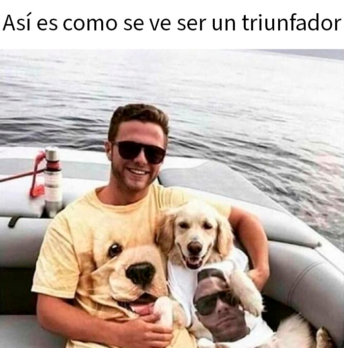 Hombre y perro en balsa con camisetas divertidas, mostrando humor y sarcasmo en memes divertidos y sarcásticos.