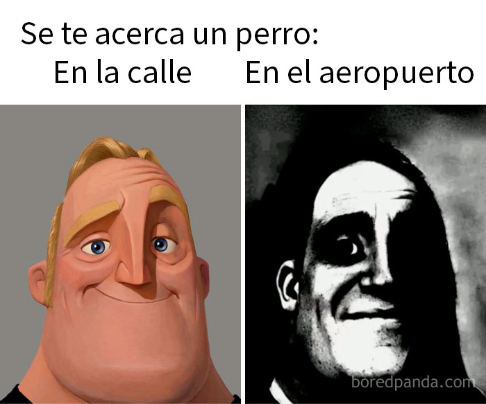 Caricatura de hombre sonriente en la calle y rostro oscuro y serio en aeropuerto, memes sarcásticos en contraste.