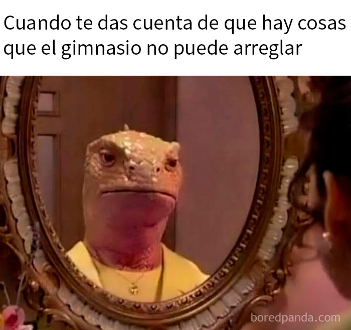 Hombre con cara de lagarto en espejo mostrando expresión sarcástica, meme sarcástico que provoca risas y emociones internas.