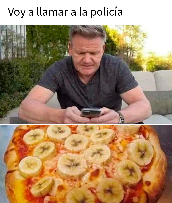 Hombre serio enviando mensaje y pizza con plátanos como ingredientes en meme divertido y sarcástico sobre alimentos.
