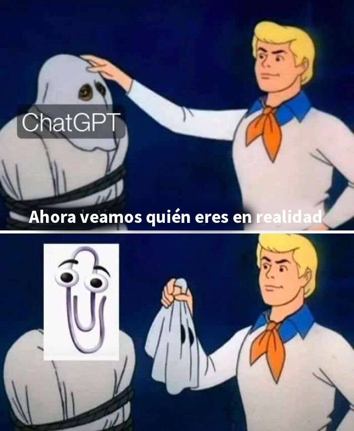 Meme sarcástico mostrando a ChatGPT revelando su verdadera identidad como el famoso clip de Office Space.
