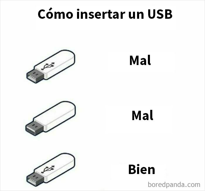 Memes sarcásticos mostrando la frustración al insertar un USB en diferentes posiciones incorrectas y la correcta.