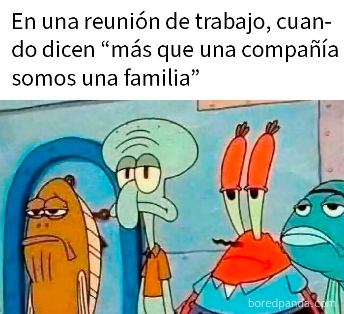 Memes divertidos con personajes de Bob Esponja mostrando expresiones sarcásticas en contexto familiar y laboral.