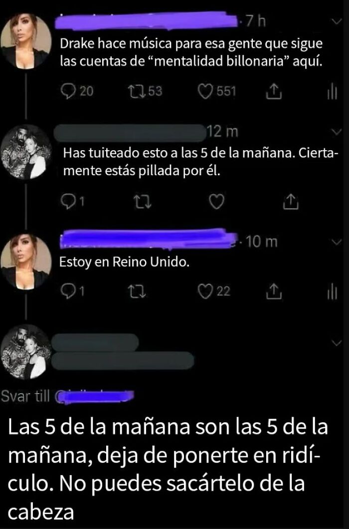 Intercambio de mensajes en redes sociales con publicaciones ridículas que causan vergüenza ajena y son risibles entre usuarios.