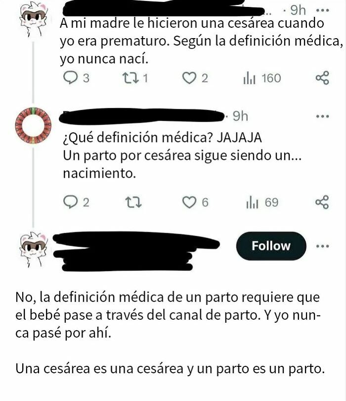 Intercambio de tuits con publicaciones tan estúpidas como risibles que causan vergüenza ajena sobre cesárea y nacimiento.