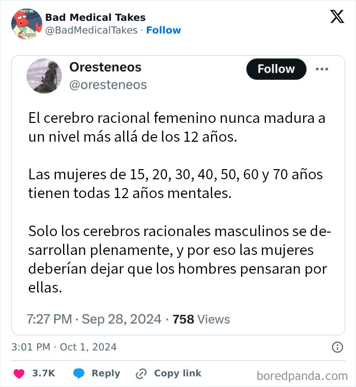 Publicación en Twitter con comentario polémico y estúpido que genera vergüenza ajena y risas por su falta de sentido.