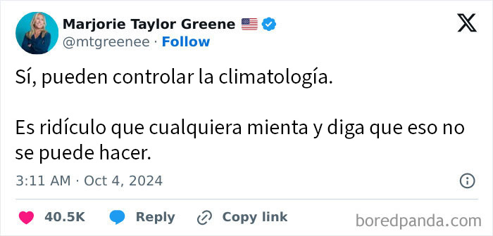 Captura de pantalla de tweet ridículo y risible sobre control de la climatología que provoca vergüenza ajena en redes sociales.