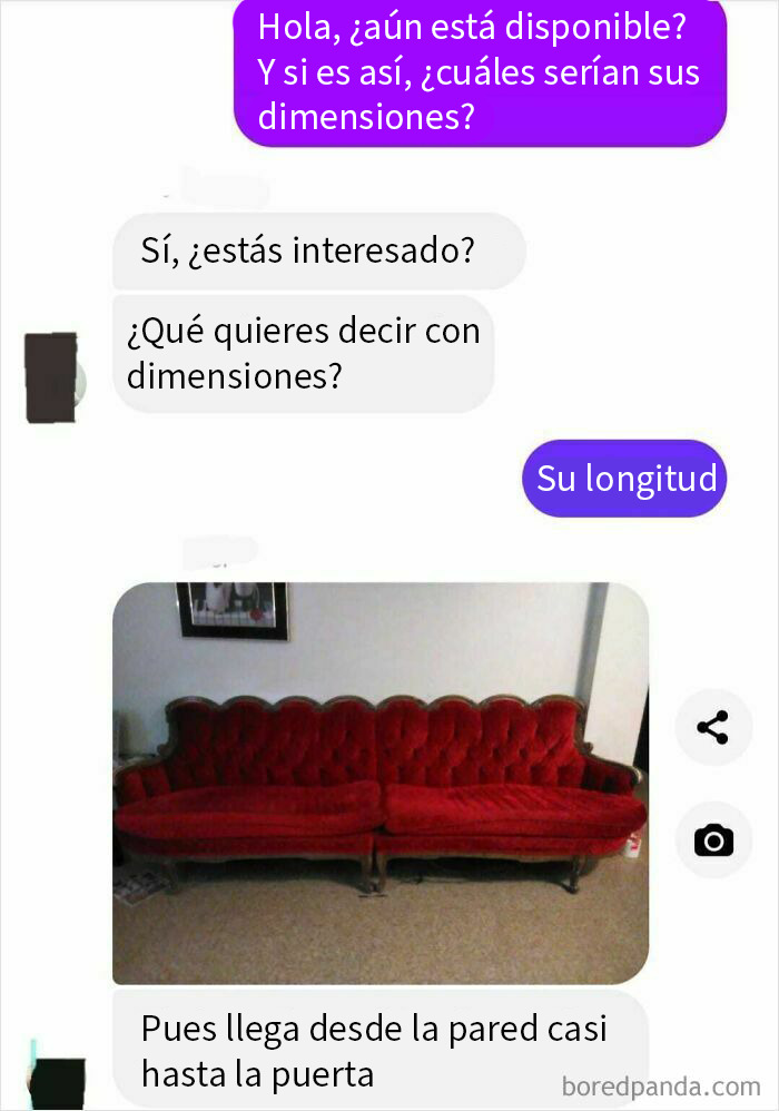Chat con preguntas y respuestas confusas sobre dimensiones de un sofá, ejemplo de publicaciones estúpidas y risibles.