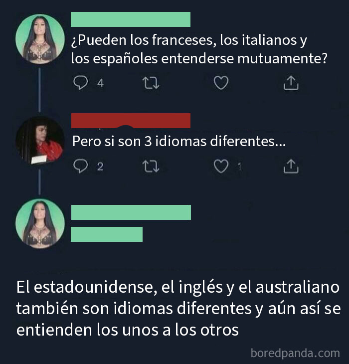 Conversación en redes sobre idiomas diferentes entre franceses, italianos, españoles y ejemplos de comprensión entre angloparlantes, publicaciones risibles.