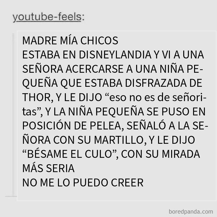 Niña disfrazada de Thor enfrenta a señora en Disneylandia, ejemplo de personas que presumen y son avergonzadas en internet.
