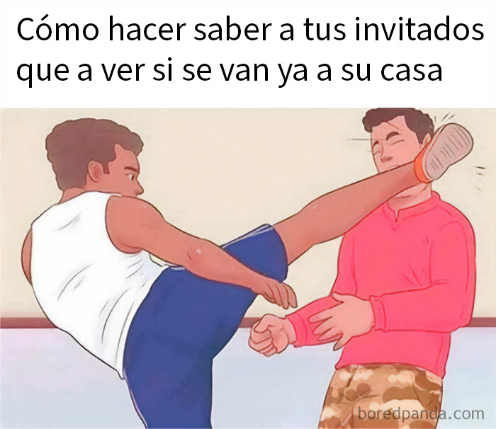 Hombre dando una patada alta a otro con texto humorístico sobre memes divertidos y caóticos para echarse unas risas.