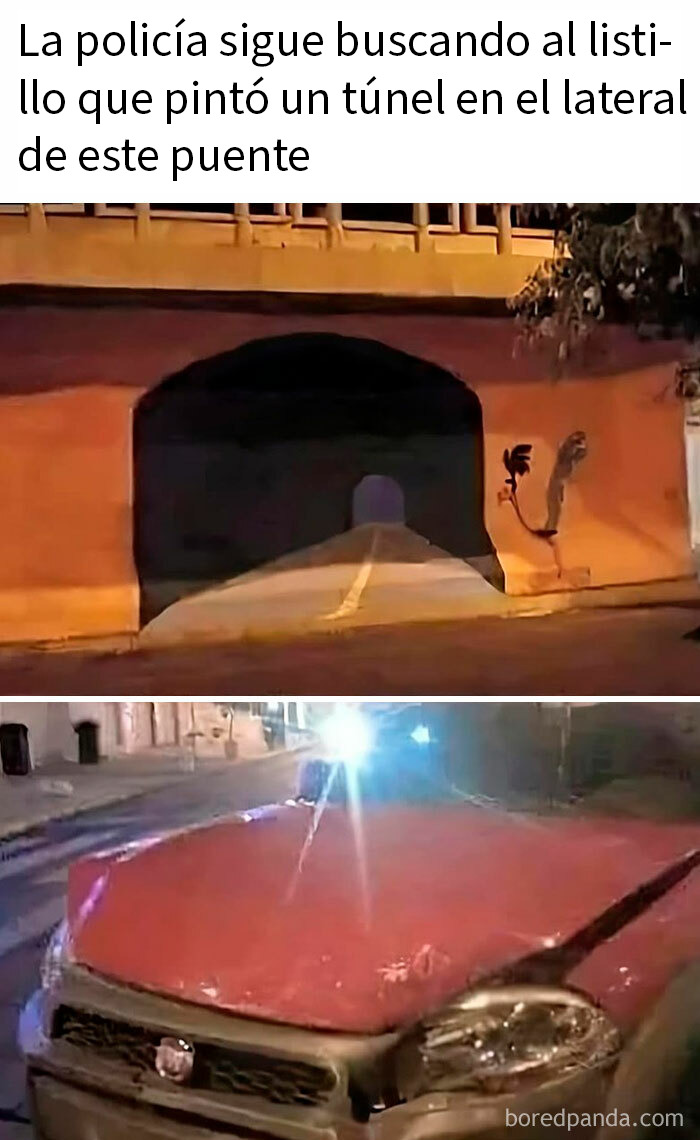 Mural pintado en un puente y coche rojo dañado, parte de memes divertidos y caóticos para echarse unas risas.