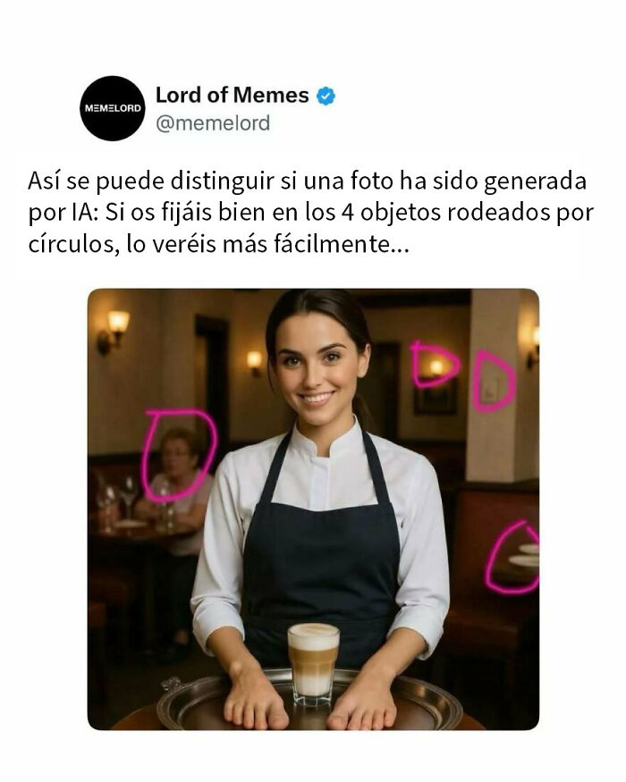 Meme divertido sobre cómo distinguir fotos generadas por IA con objetos señalados, parte de memes para hacerte reír.