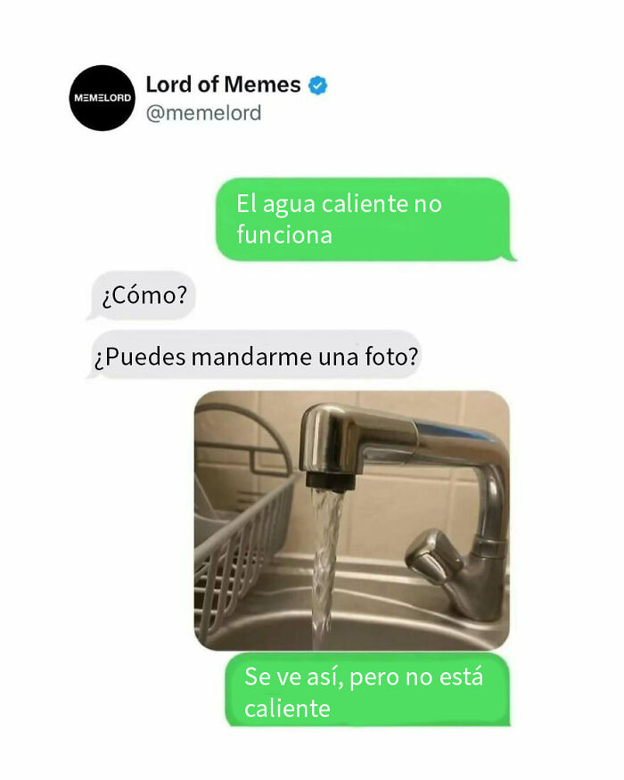 Chat gracioso sobre agua caliente que no funciona con imagen de llave de agua y meme divertido para hacerte reír.