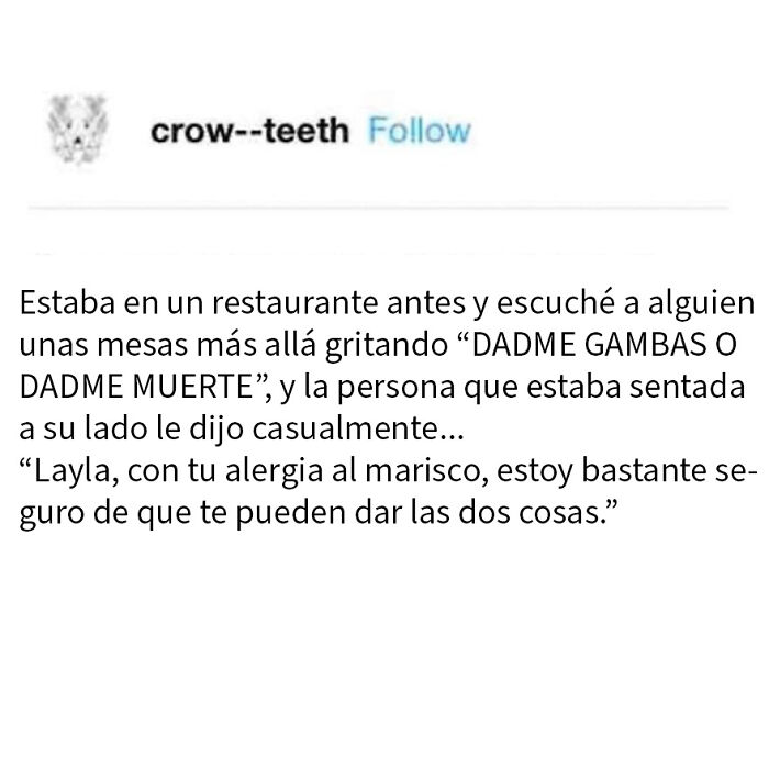 Persona en restaurante gritando por gambas mientras otra menciona alergia al marisco en diálogo casual y humorístico.