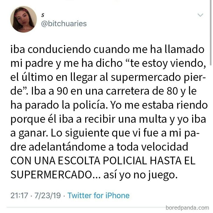 Tweet de usuario que fue avergonzado al intentar presumir manejando rápido con escolta policial al supermercado.
