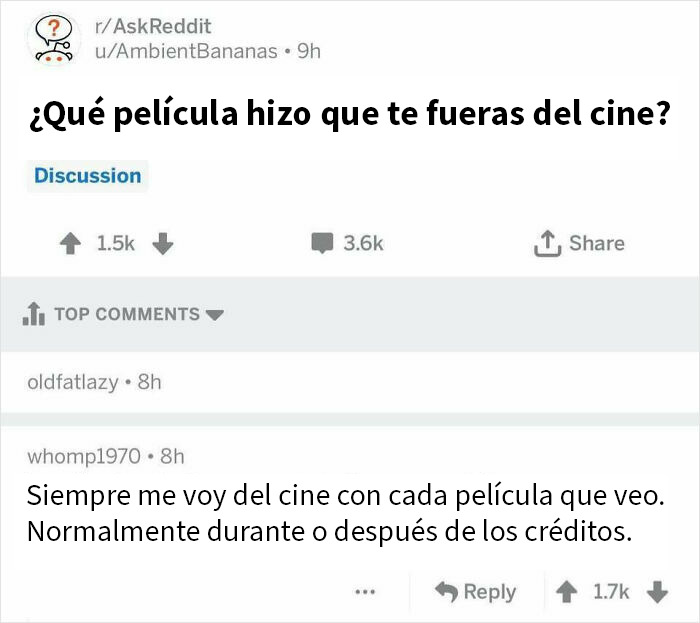 Publicación en Reddit con respuestas brutales sobre películas que hicieron que usuarios se fueran del cine, destacando comentarios populares.