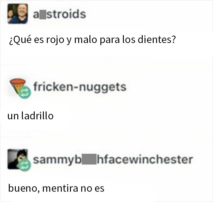 Intercambio de respuestas brutales con humor negro y juegos de palabras sobre qué es malo para los dientes.