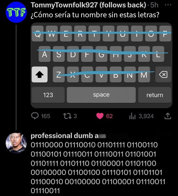 Respuesta brutal en redes sociales mostrando un teclado y código binario con preguntas sobre letras eliminadas.