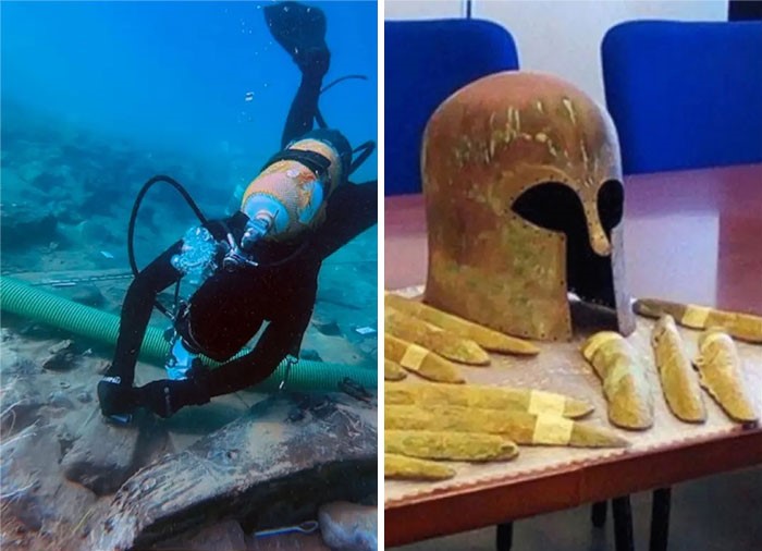 Buzo explorando restos históricos submarinos y casco antiguo con piezas arqueológicas en mesa, datos históricos interesantes.