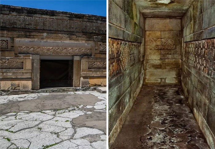 Entrada y pasillo de estructura antigua con detalles tallados, representando datos históricos interesantes poco conocidos.