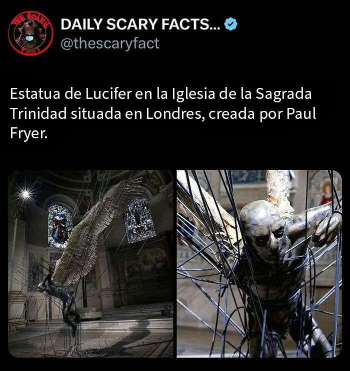 Estatua terrorífica de Lucifer en la iglesia de la Sagrada Trinidad en Londres, arte oscuro y datos terroríficos.