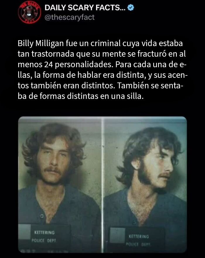 Retrato de Billy Milligan con múltiples personalidades, dato terrorífico para leer a oscuras sobre trastornos mentales y criminalidad.