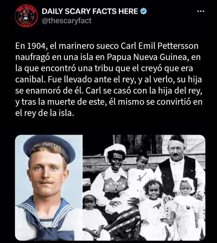 Retrato histórico de Carl Emil Pettersson y su familia en una isla, relacionado con datos terroríficos y hechos sorprendentes.