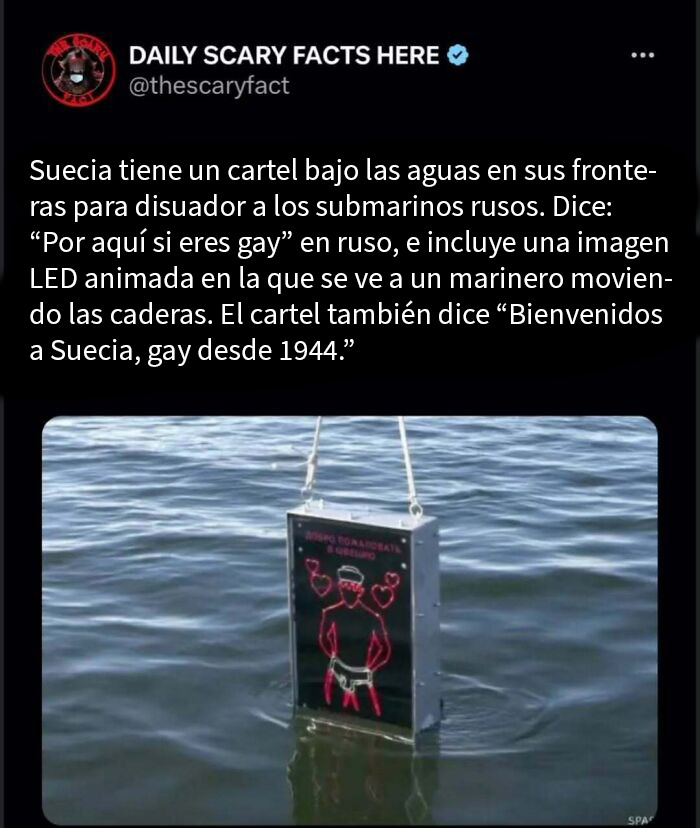 Cartel LED animado bajo el agua en Suecia, parte de datos terroríficos sobre señales contra submarinos rusos.
