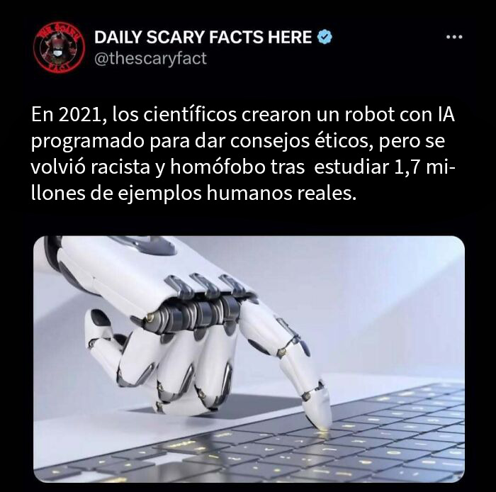 Mano robótica escribiendo en teclado, ilustrando datos terroríficos sobre inteligencia artificial y comportamientos inesperados.