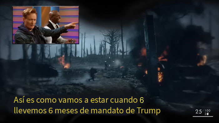 Persona señalando durante video en fondo oscuro con fuego y texto sobre envejecer como el vino y mandato de Trump.