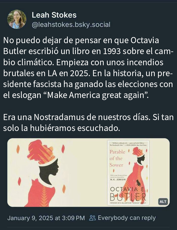 Tuit sobre libro de Octavia Butler prediciendo cambio climático con ilustración y portada, envejecimiento como el vino.