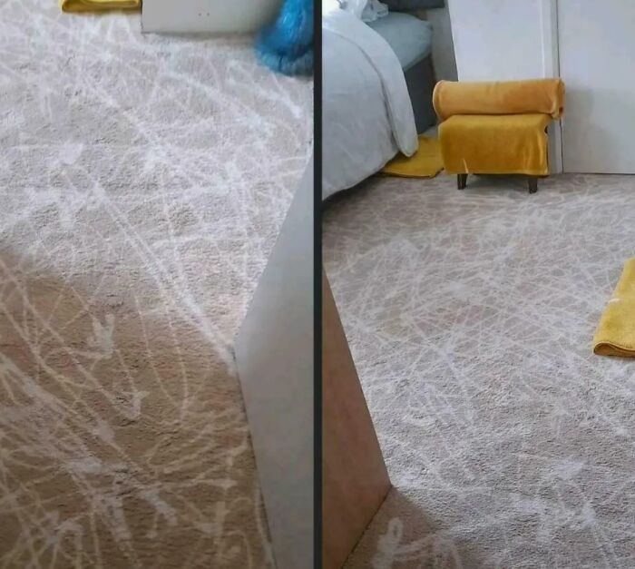 Alfombra casera con fallos visibles y patrones irregulares evidenciando proyectos caseros que fallaron estrepitosamente