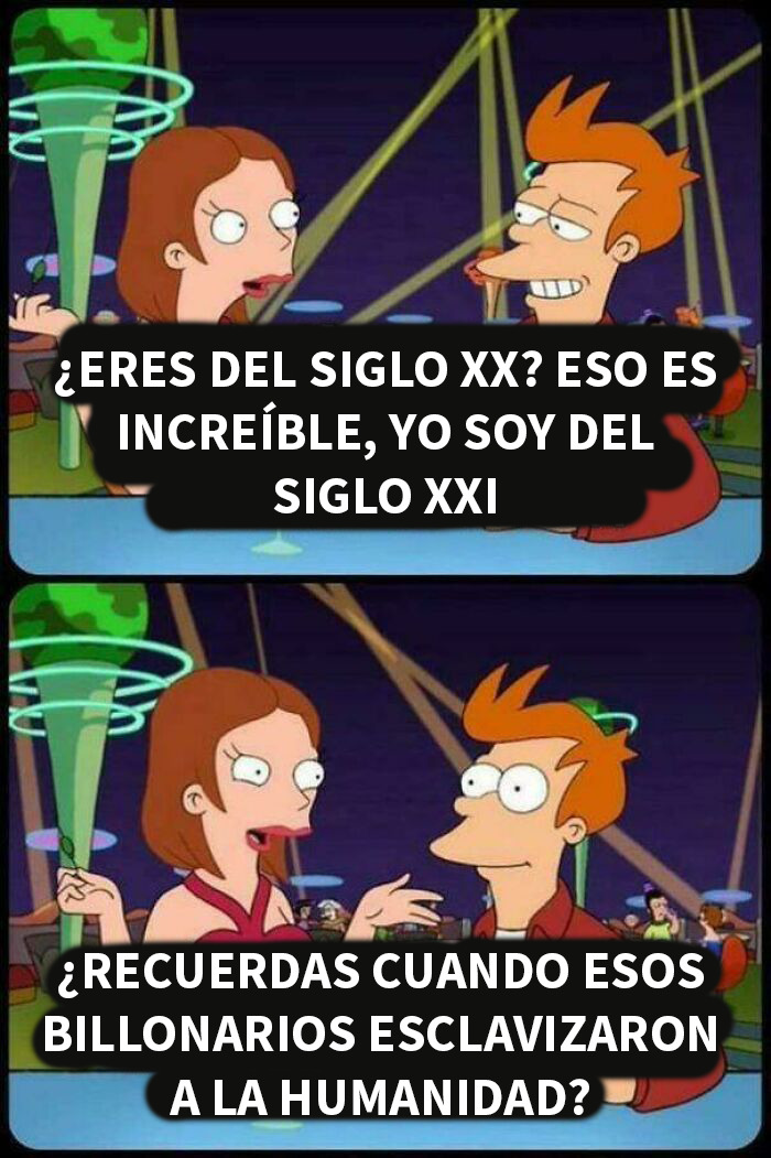 Personajes de dibujo animado en diálogo divertido sobre siglo XX y XXI en publicaciones aleatorias del grupo online Delirios de suficiencia.